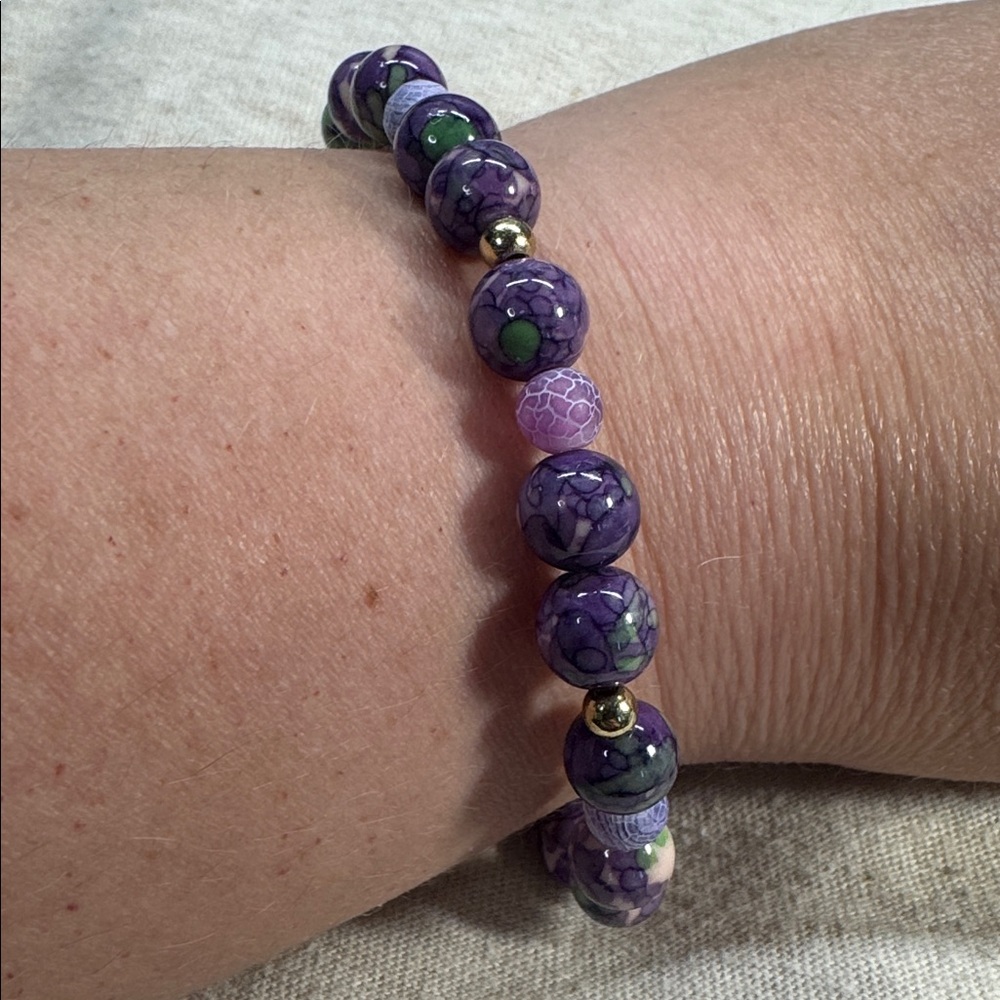 Vibrant Natural Rain Flower Stone Purple and Gold Beaded Bracelet